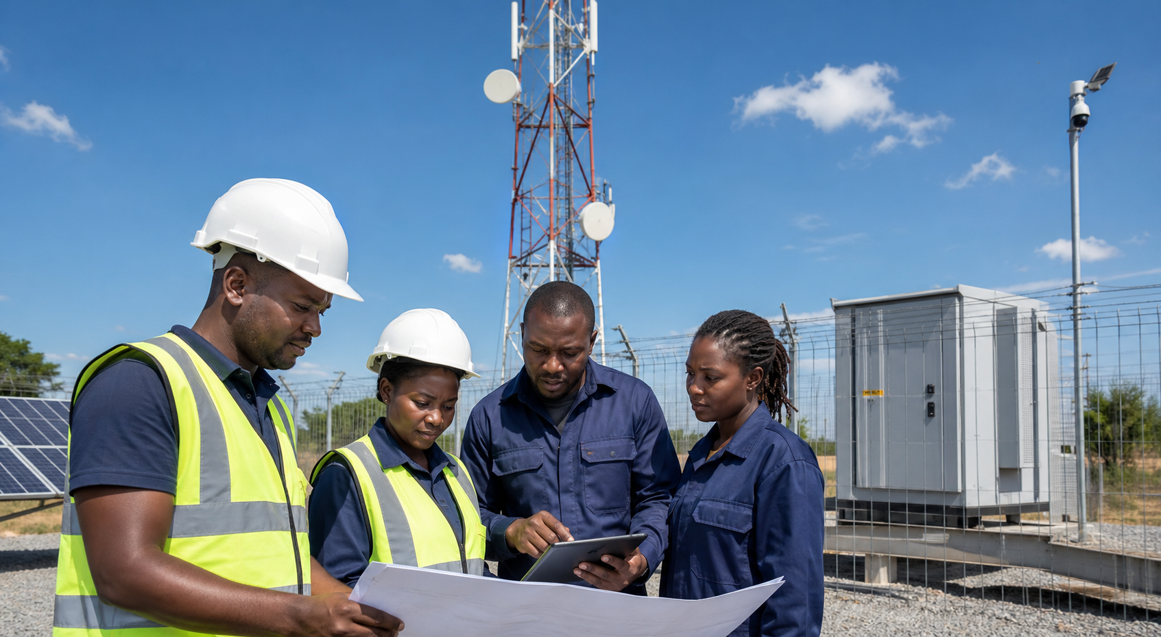 Black African infrastructure team reviewing site drawings at a secured telecom compound with tower solar and power equipment