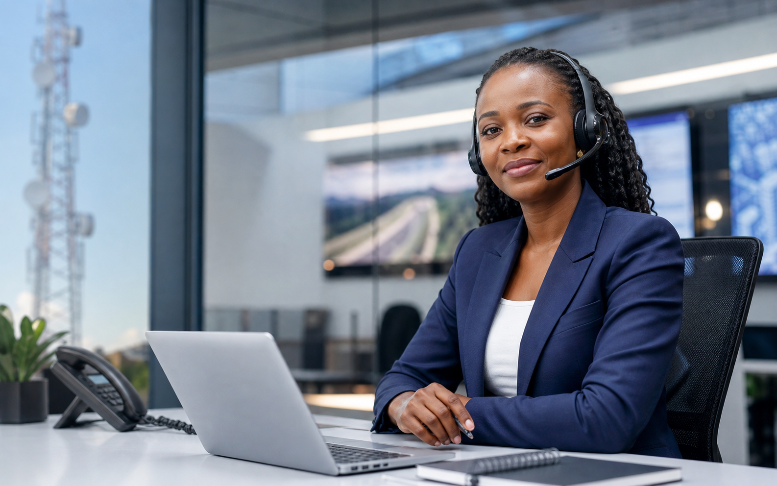 Black African executive client support specialist wearing a headset in a modern infrastructure office