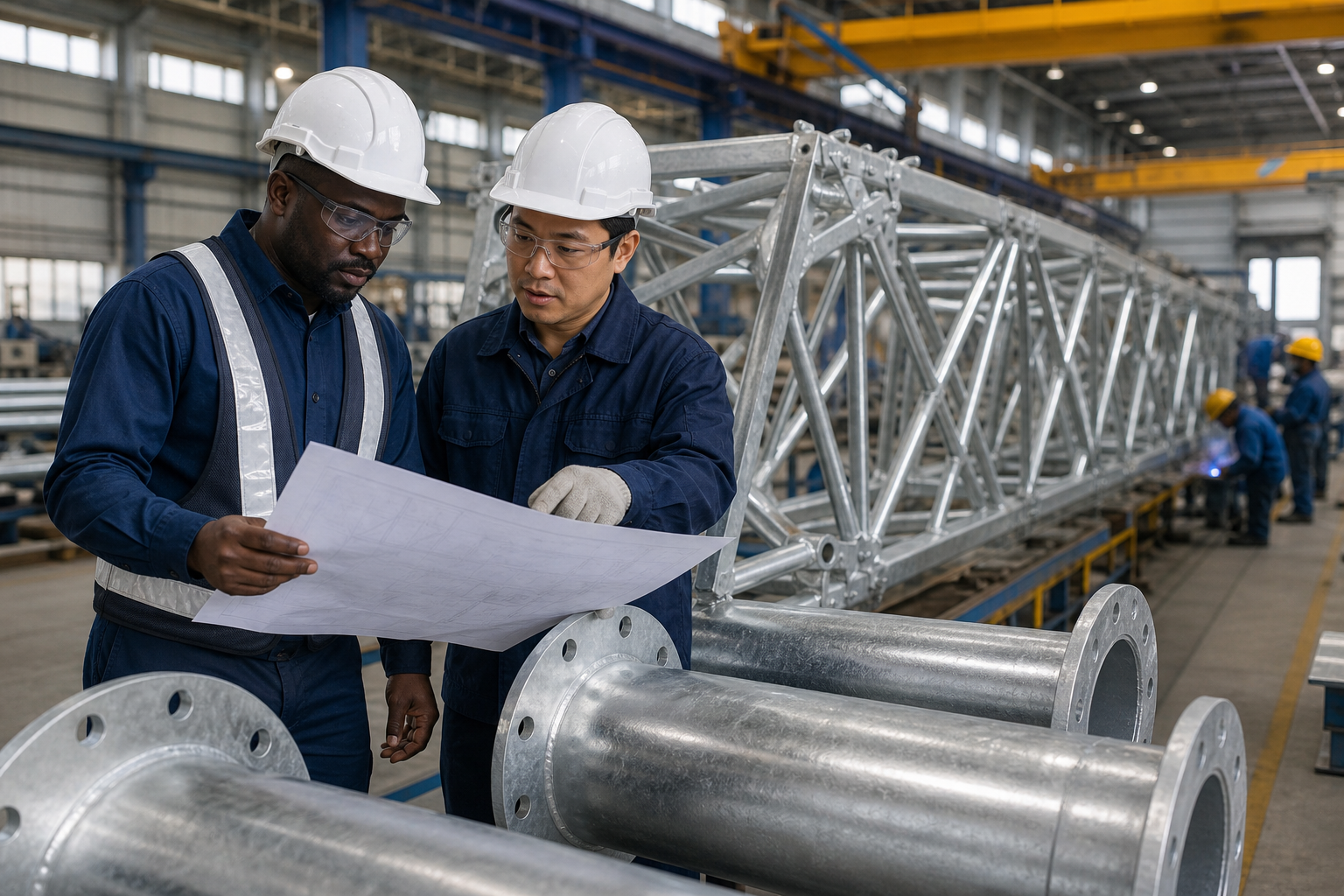 Black African project representative reviewing steel tower manufacturing drawings with an Asian manufacturing engineer
