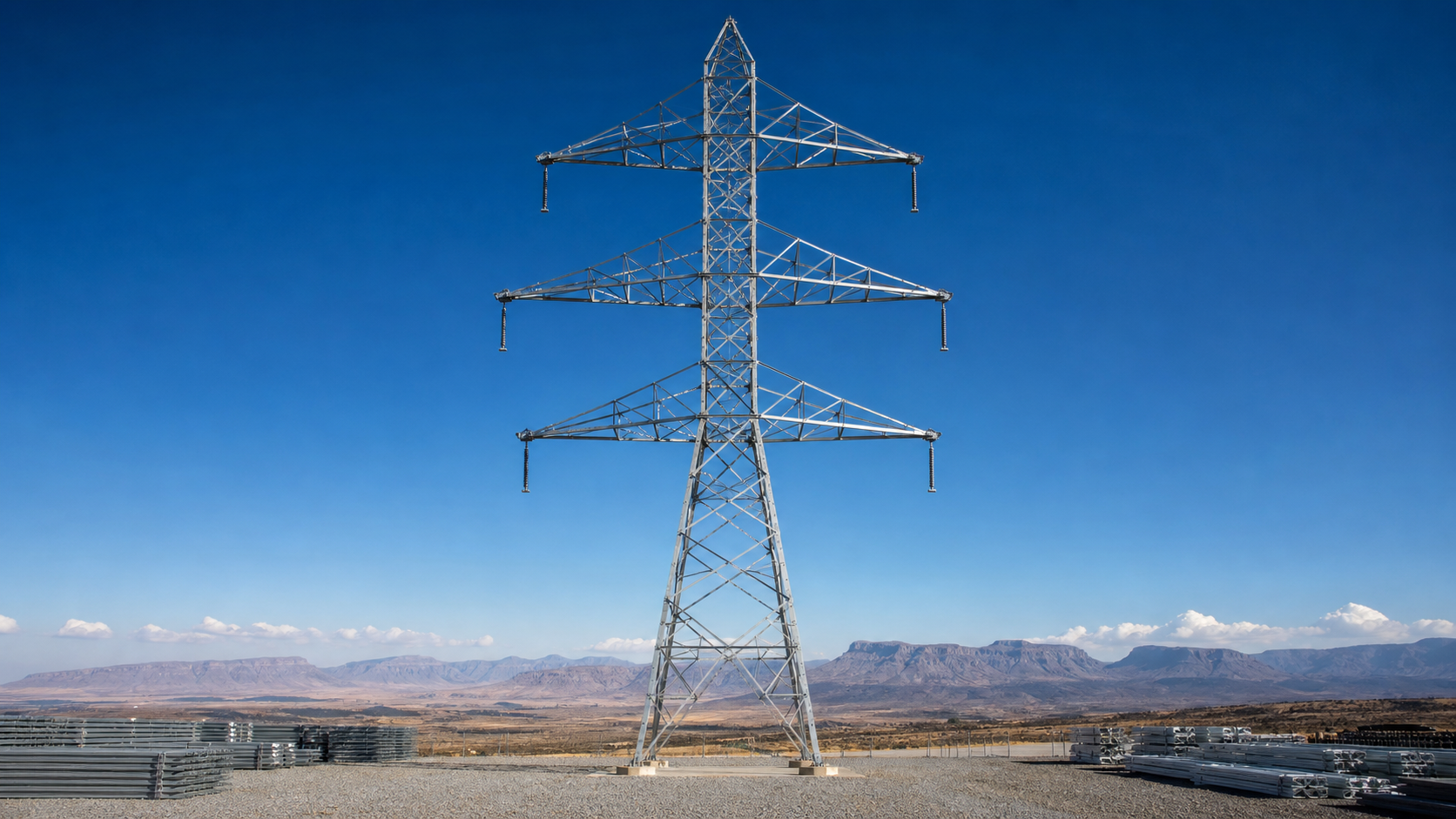 Galvanized angle steel lattice power transmission tower in an infrastructure yard