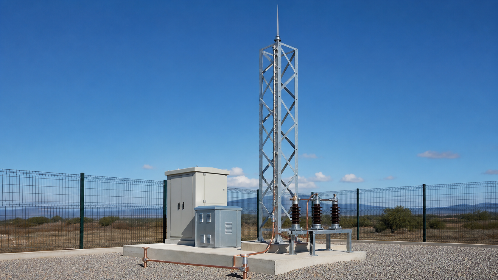 Lightning protection tower with arresters grounding hardware and infrastructure cabinet