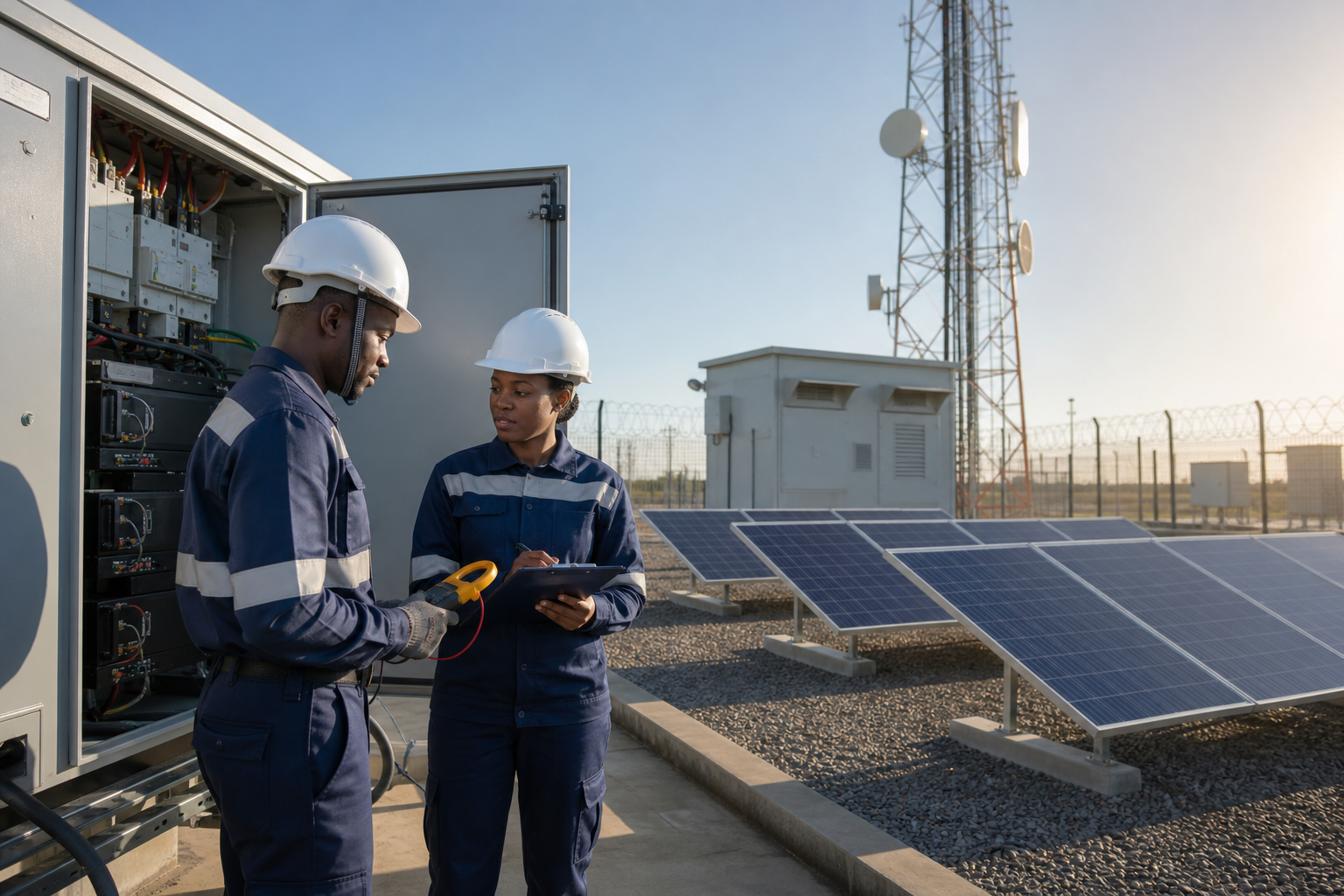 Electrical and solar technicians inspecting power systems at a telecom compound
