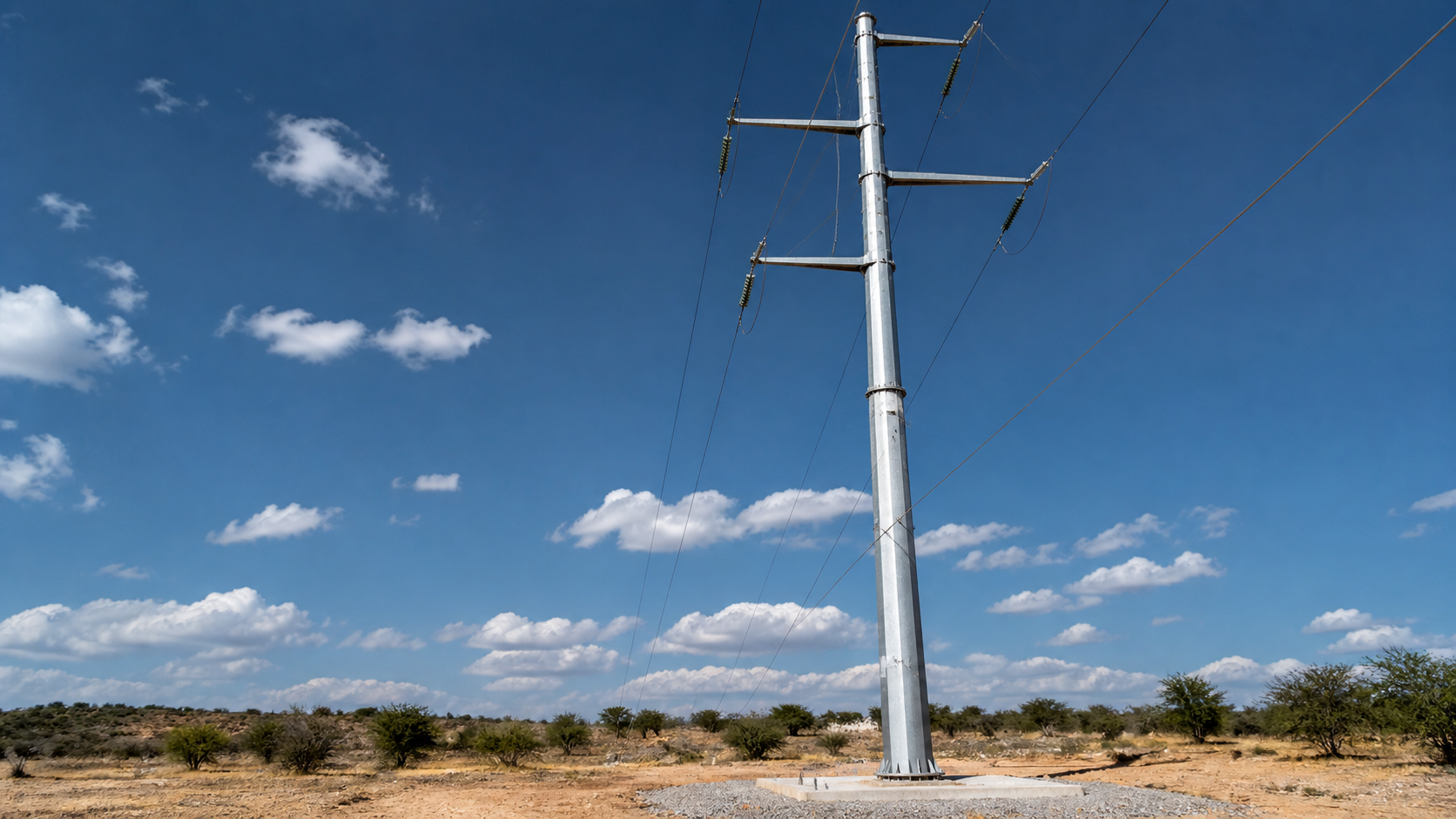 Galvanized steel tube pole transmission tower with crossarms and insulators