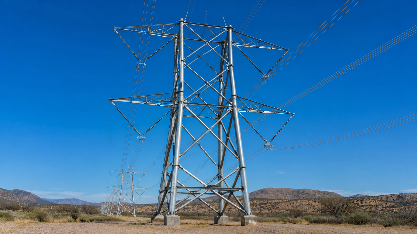 Galvanized steel tube transmission tower carrying overhead power lines