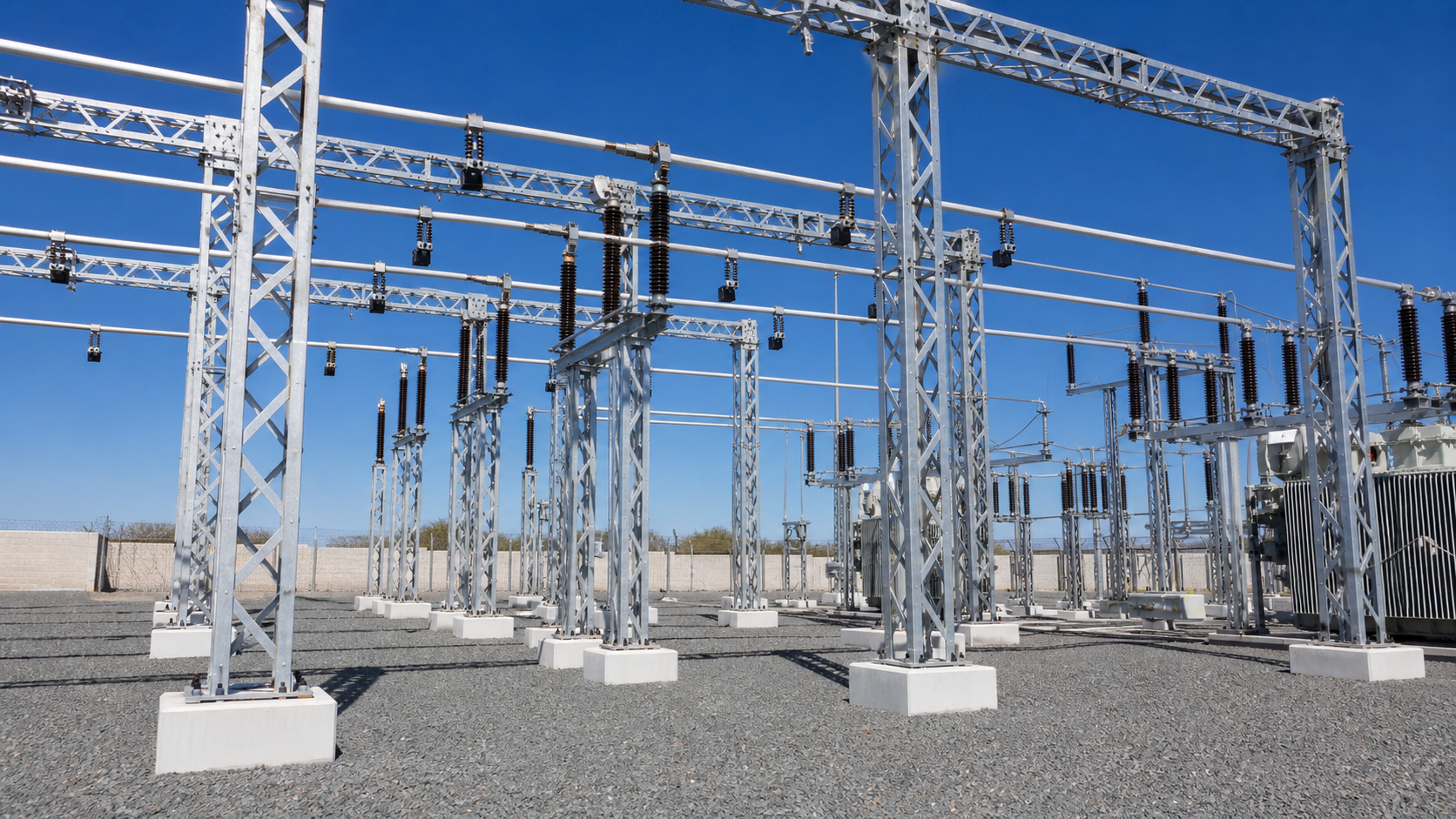 Galvanized substation steel gantries and support structures in an electrical yard