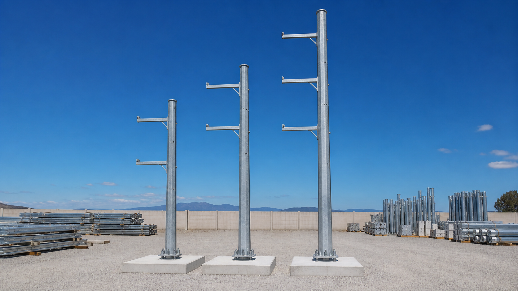 Three galvanized transmission steel poles representing 9m 11m and 13m heights