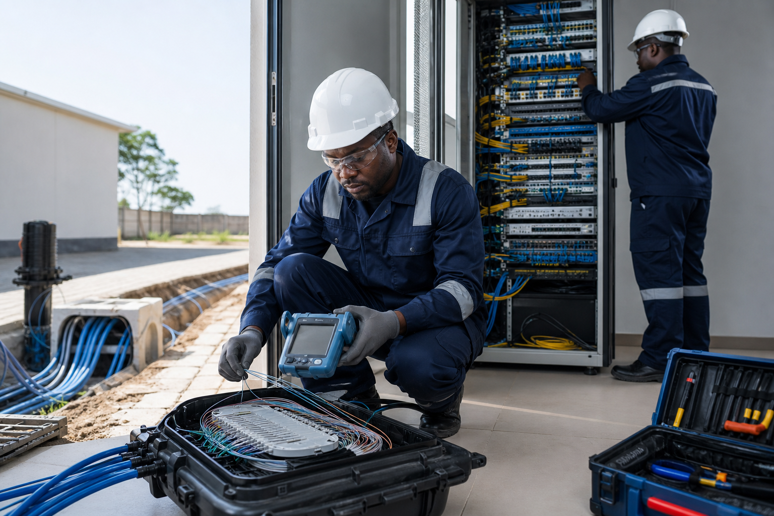 Technicians working on telecom and network infrastructure
