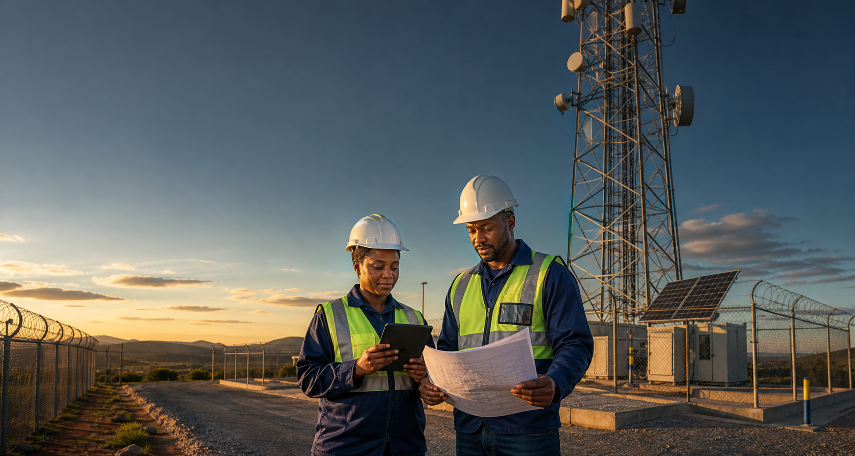 Black African infrastructure engineers inspecting a secured telecom tower site with solar equipment in Zimbabwe