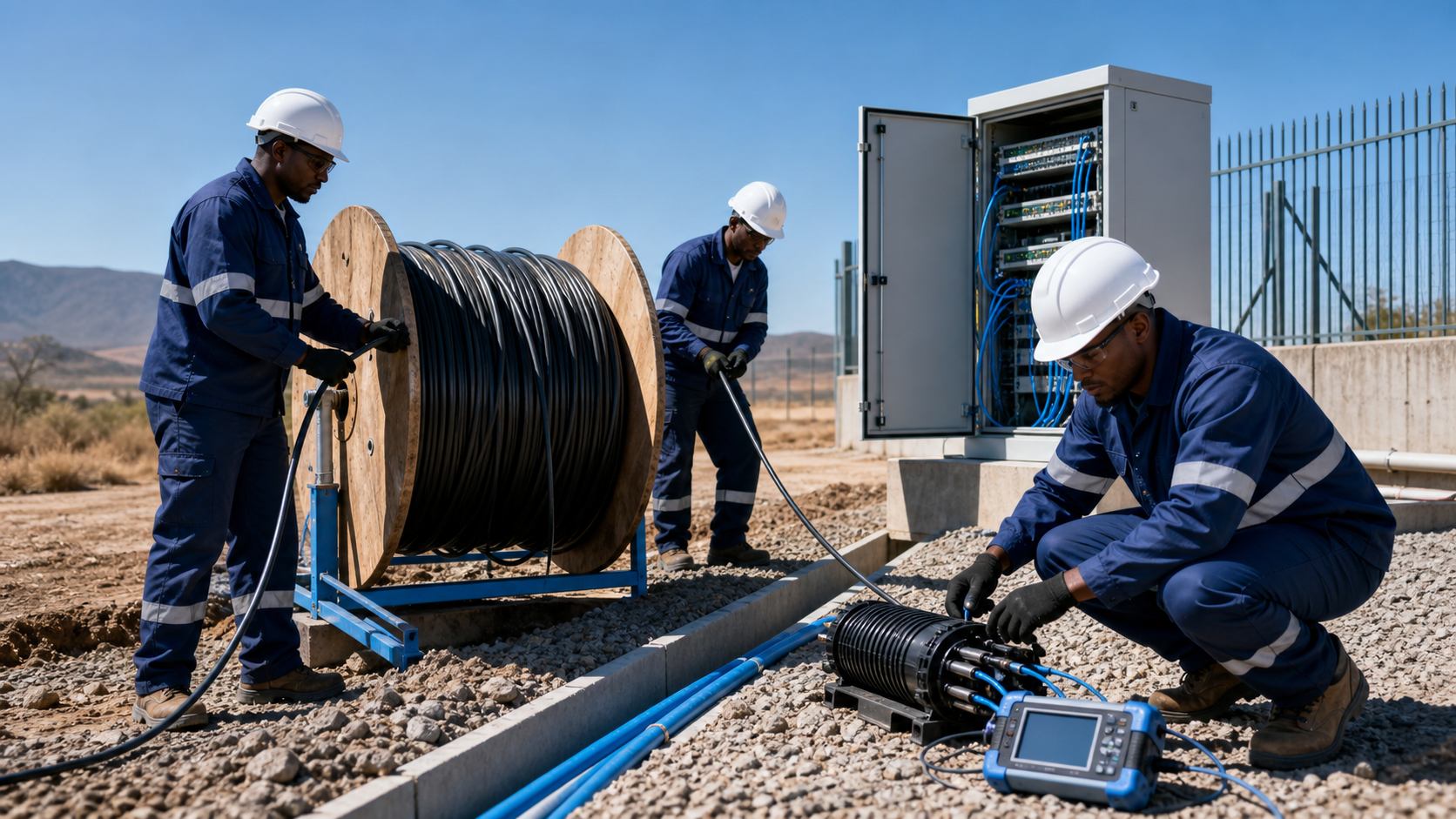 Technicians installing optical fibre cable ducting splice closure and testing equipment at a telecom site