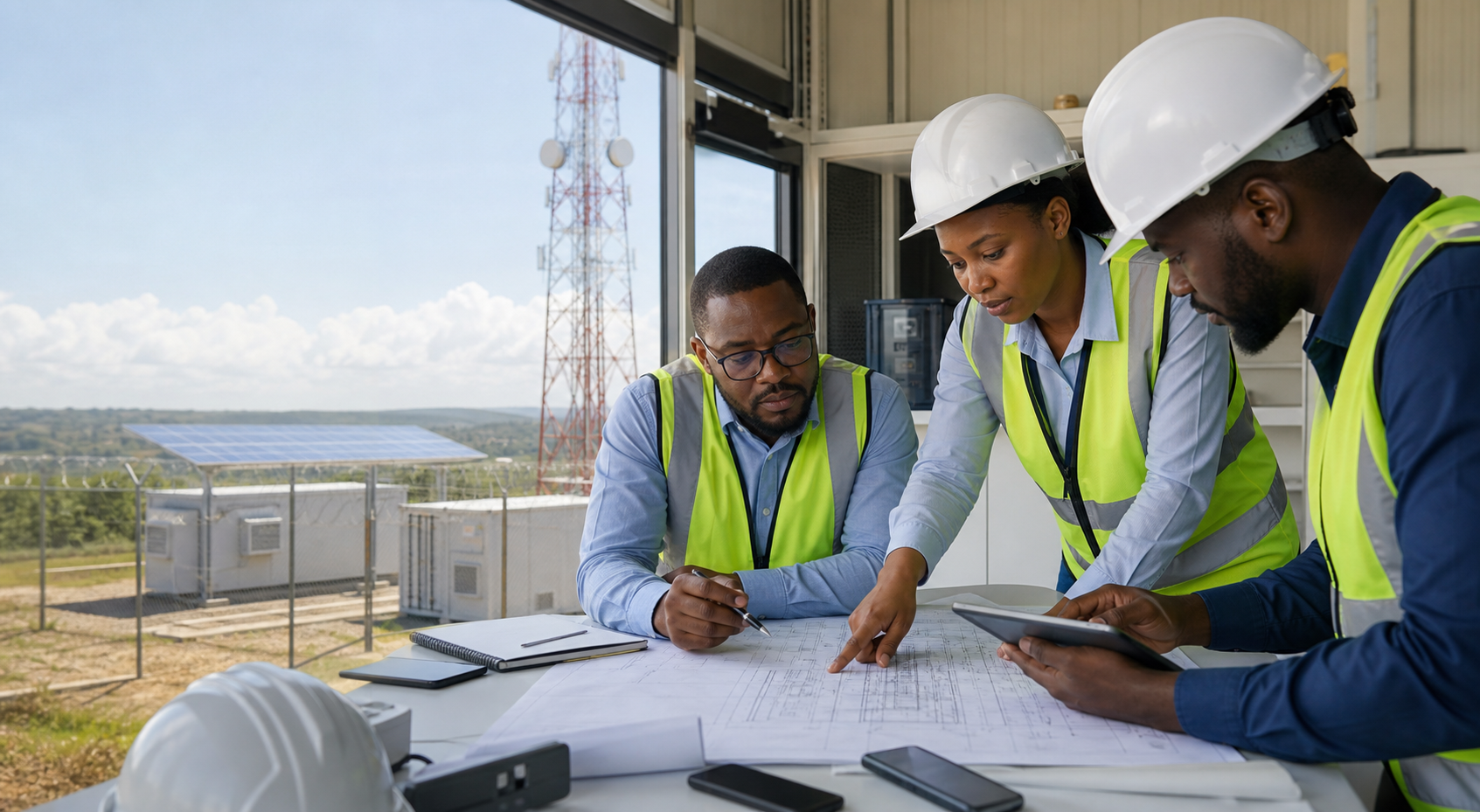 Black African infrastructure team reviewing project drawings at a telecom site with tower solar and perimeter equipment