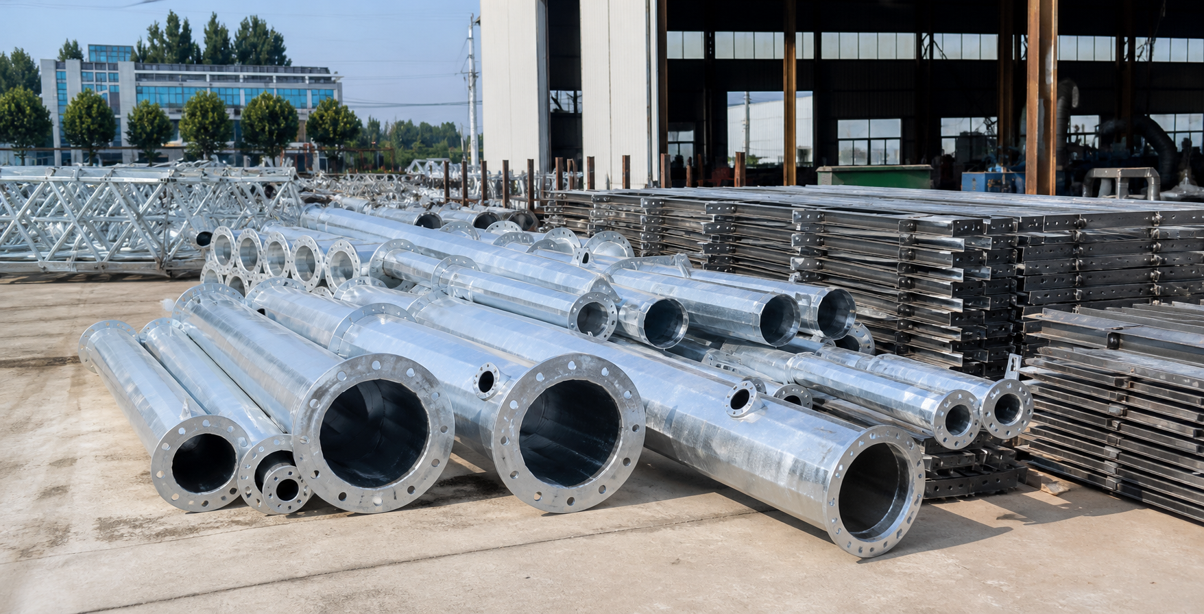 Galvanized flanged steel poles lattice tower sections and steel infrastructure components prepared for dispatch