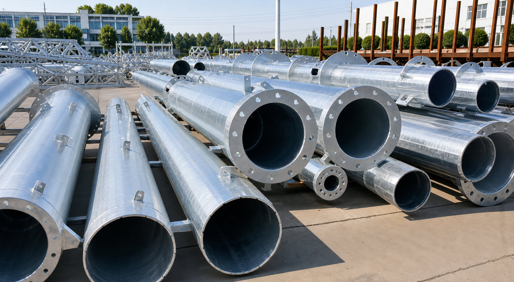 Close view of galvanized flanged steel pole sections prepared in an infrastructure yard