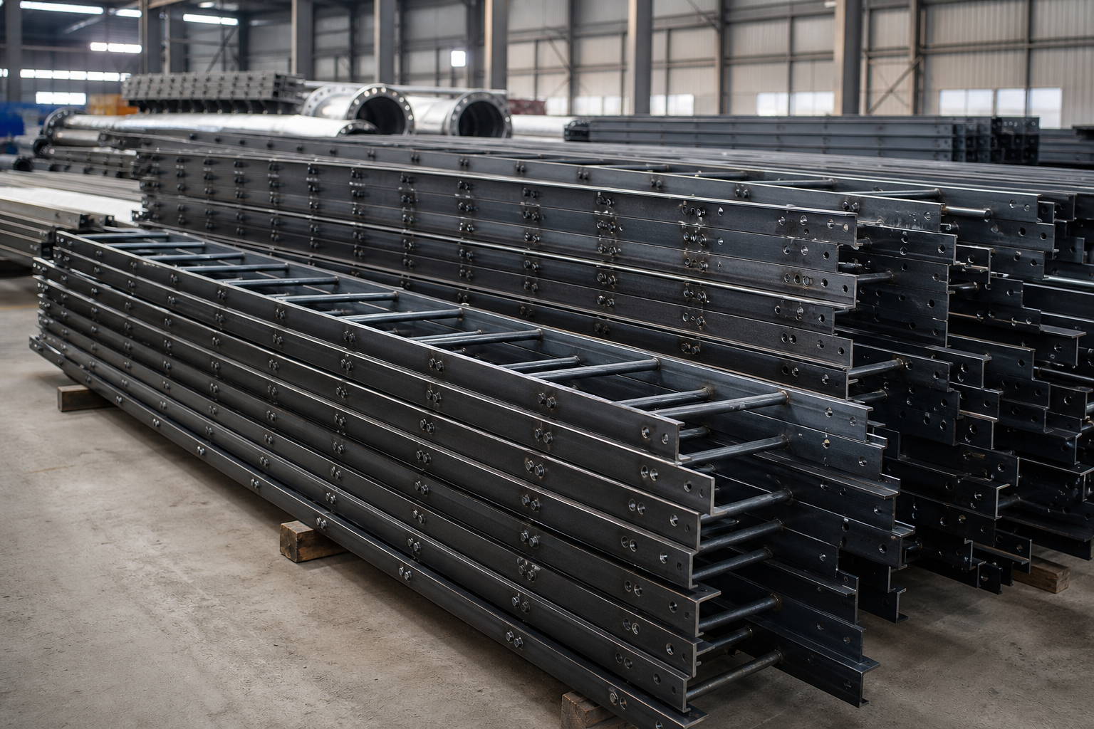 Stacked drilled lattice steel and angle steel members prepared for tower structure work