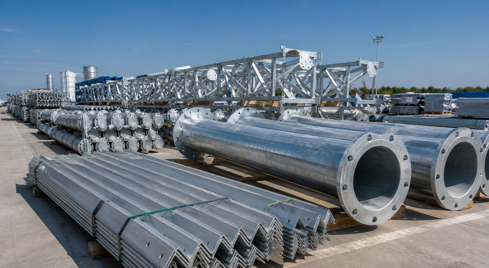 Organized galvanized steel tower components flanged poles and lattice sections ready for infrastructure projects