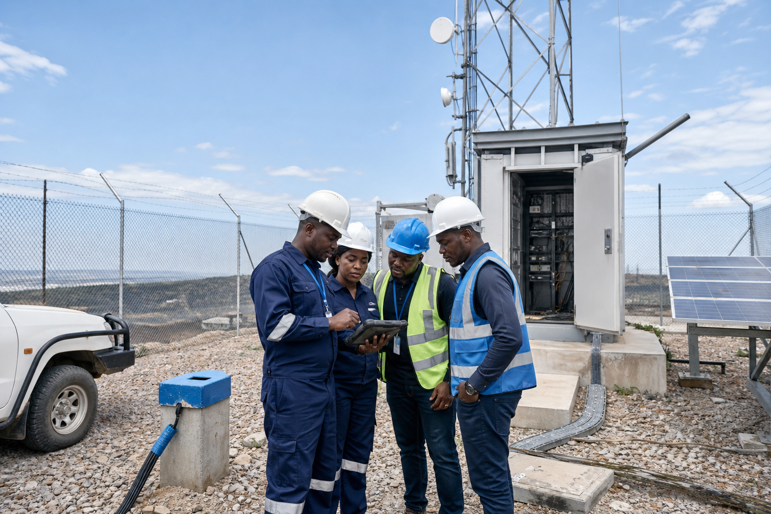 Technical infrastructure team coordinating telecom power fibre and site services