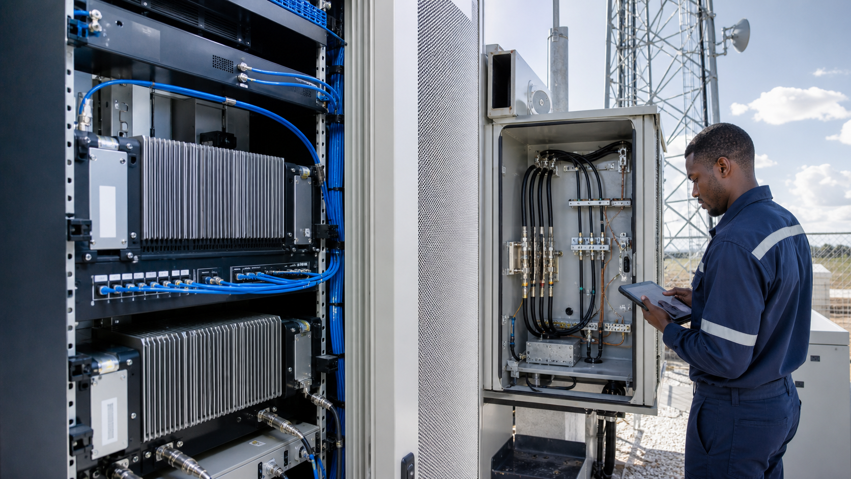 Telecom signal booster and repeater rack equipment with RF cabling at a tower site