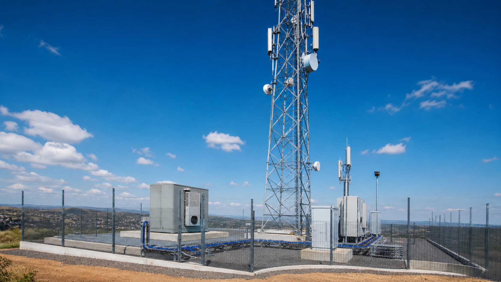 Galvanized telecom tower compound with antennas equipment cabinets and cable trays
